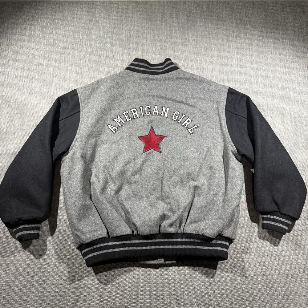 American‎ Girl Jacket Girls L Gray Black Varsity Letterman Snap Front Star Logo